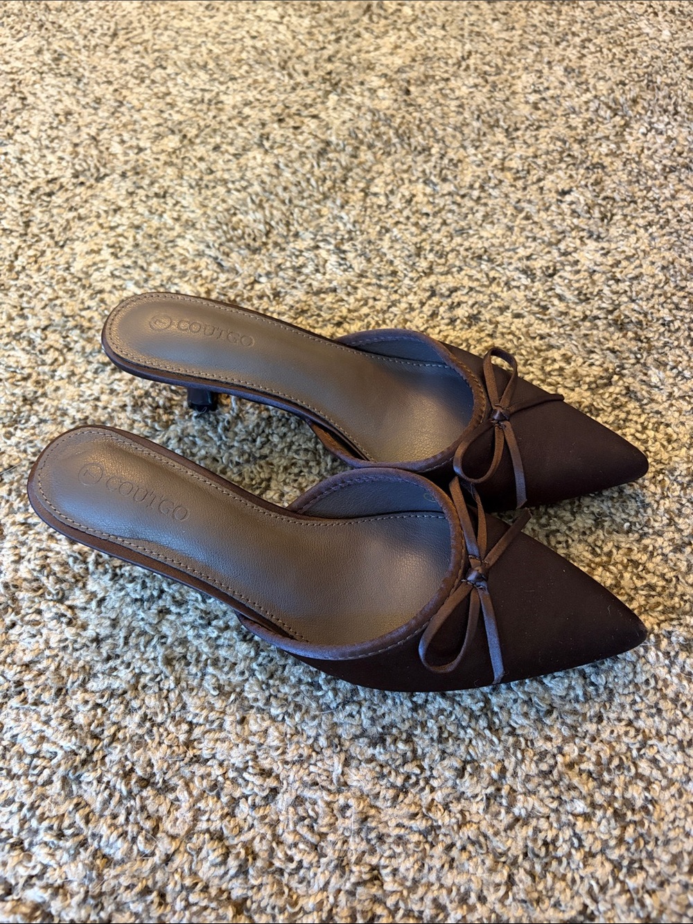 Brown Pointed-Toe Slip-On Mules with Bow Accent